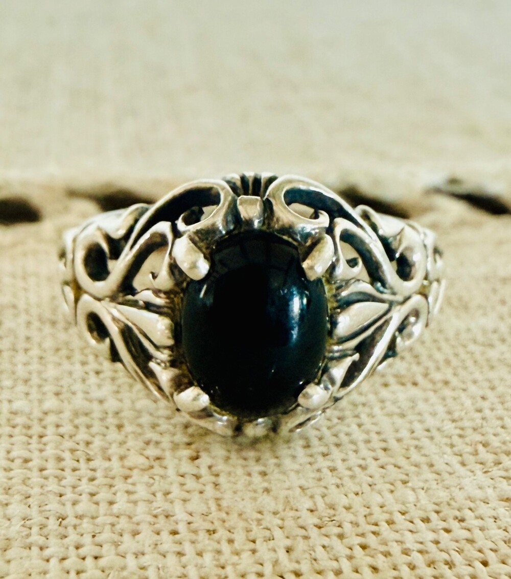 Sterling Silver Filigree Scroll Ring Black Onyx Cabochon Size 6.5 Ornate